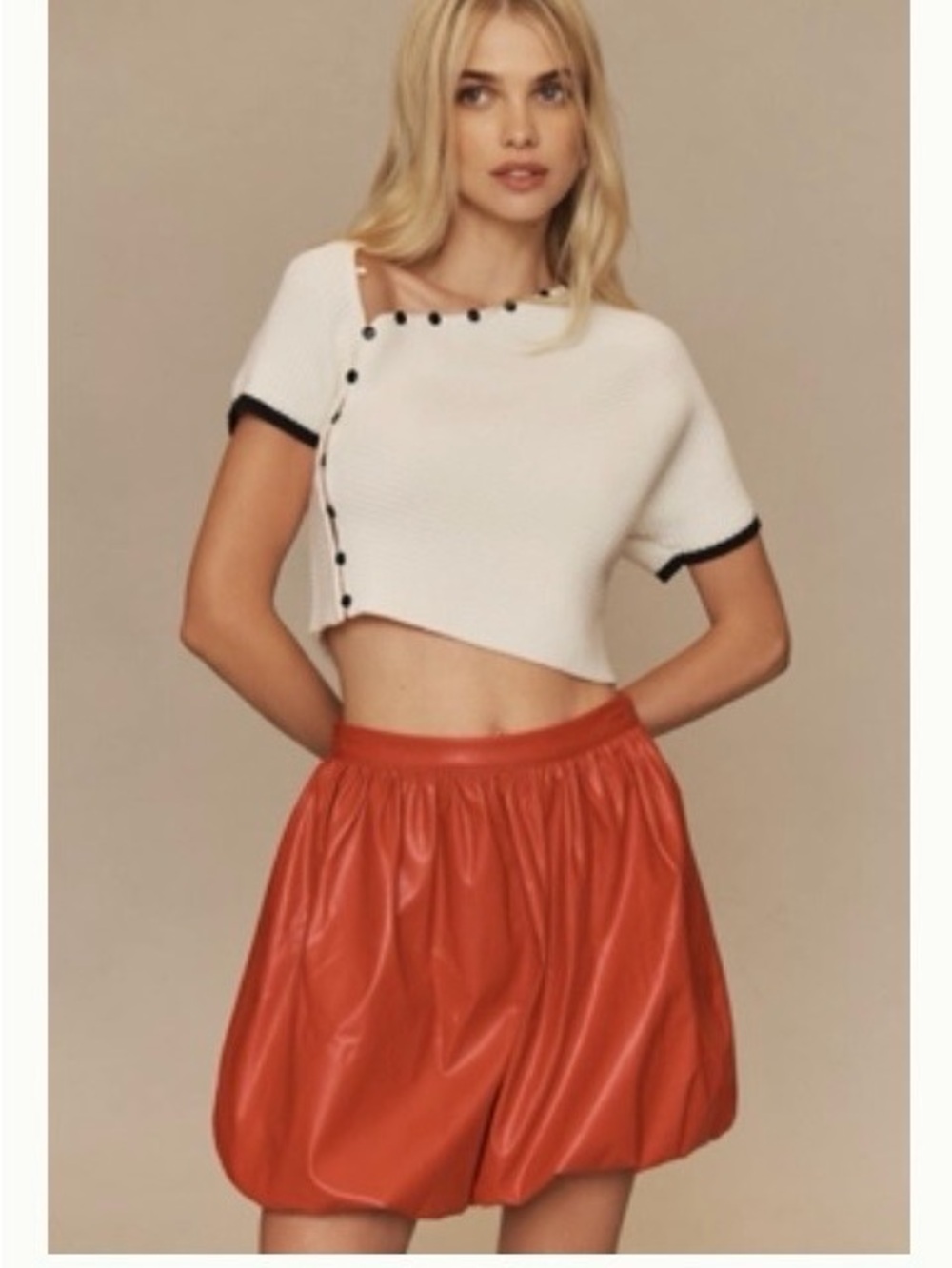 Maeve short sleeved cropped asymmetrical button sweater